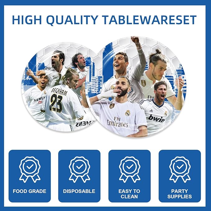 141pcs Real-Madrid Birthday Tableware Decorations Party Plates Cups Soccer Theme Napkins Beach Ball Tablecloth for Soccer Party Decoration (Real)