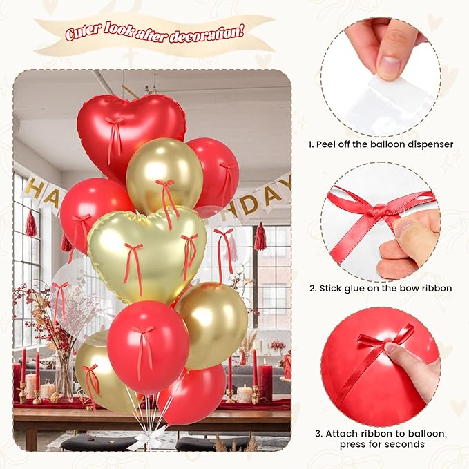 16Pcs Red and Gold Heart Balloons, 38 Inch Bow Balloons, Red Champagne Gold Clear Balloon with Bow Ribbons for Anniversary Birthday Wedding Bridal Baby Shower Valentines Day Decorations