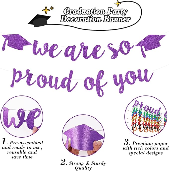 2026 Graduation Decorations Pre-Strung Blingbling We Are So Proud of You Banner Glitter Graduation Garland for Class of 2026 High School College Grad Party (Purple)