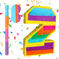 Rainbow Number 2 Pinata Birthday Decorations for Kids, Rainbow Pinata with Bat Stick Blindfold for Boys Girls 2th Birthday Celebrations Baby Shower Party Supplies (16.1x10.6x2.9 Inches)
