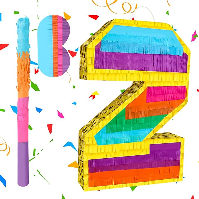 Rainbow Number 2 Pinata Birthday Decorations for Kids, Rainbow Pinata with Bat Stick Blindfold for Boys Girls 2th Birthday Celebrations Baby Shower Party Supplies (16.1x10.6x2.9 Inches)