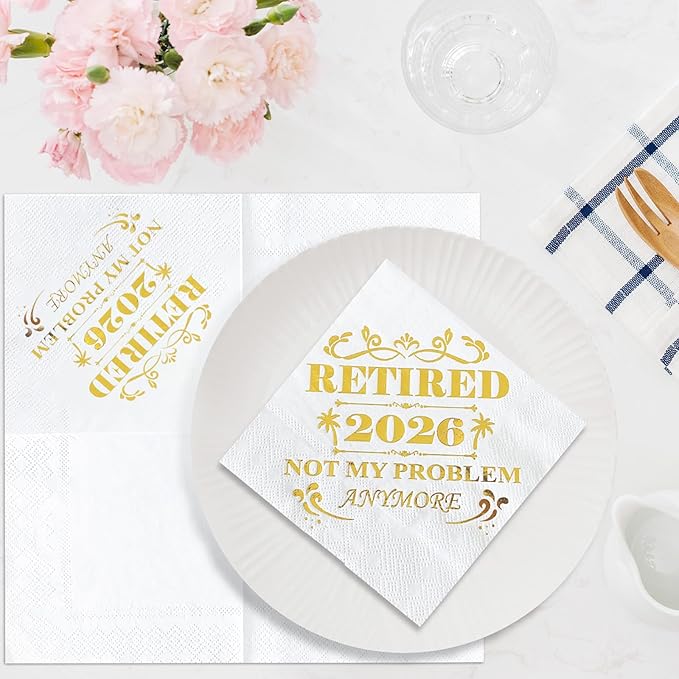 Retired 2026 Cocktail Napkins, 50 Pack 3-Ply Retirement Party Decorations Supplies, Gold Foil Disposable Napkins for Farewell,Coworker Goodbye & Going Away Celebration (5"x5")