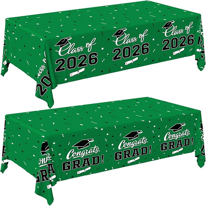 Gatherfun 2026 Graduation Decorations : 2-Pack Congrats Grad Disposable Tablecovers - Class of 2026 Green Themed Table Cloths, for Graduation Party Supplies & Graduation Backdrop, 54" X 108"