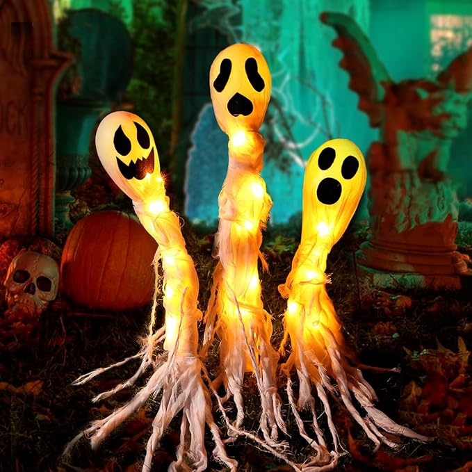 Halloween Decorations Outdoor: 3 Pack Lighted Up Ghost Yard Stakes, Spooky Ghosts Pathway Markers Lights Yard Decor, Battery Operated Trick or Treat Halloween Decor for Home Patio Lawn