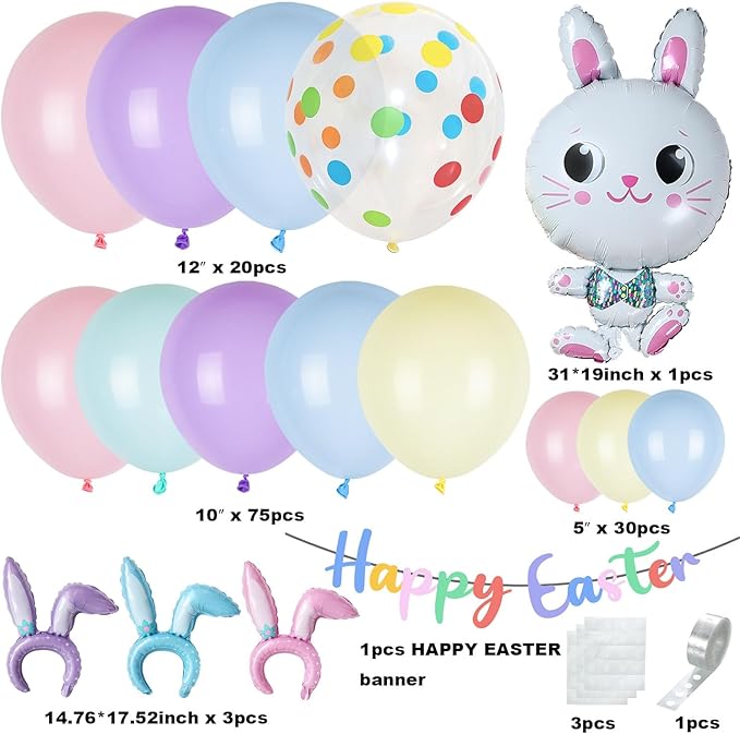 Easter Balloon Arch Garland Kit, 12" 10" 5" Pastel Balloons with Bunny Rabbit Foil Balloon for Easter Party Decorations Spring Indoor Outdoor Party Supplies