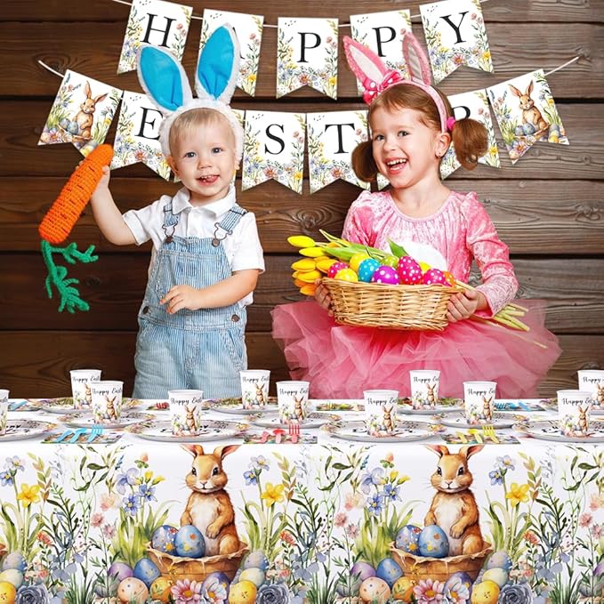 Easter Party Supplies, Happy Easter Party Tableware Set, Happy Easter Banner, Bunny Paper Plates Napkins Cups for Easter Spring Party Decorations