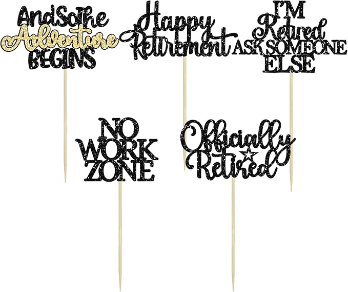 Gyufise 30Pcs Happy Retirement Cupcake Toppers Officially Retired No Work Zone Adventure Begins Cupcake Picks for Retirement Theme Farewell Birthday Party Cake Decorations Supplies Black