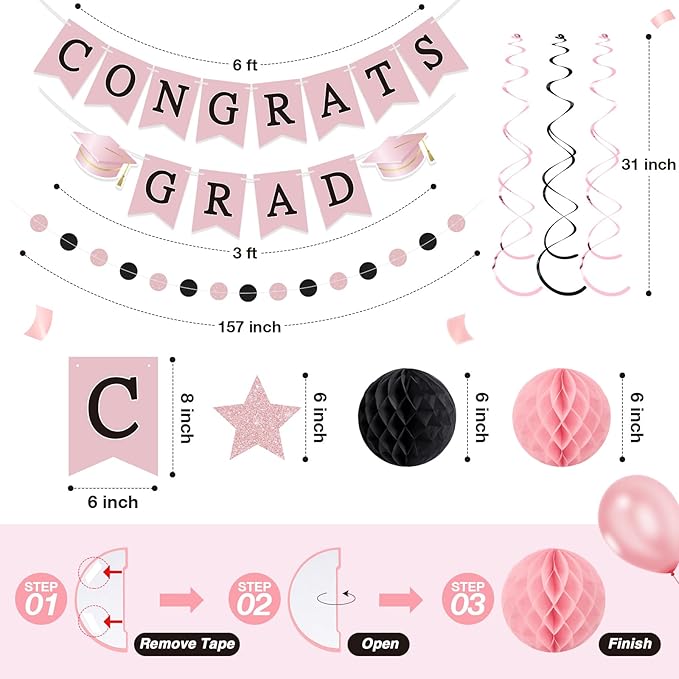 Congrats Grad Banner 2026 Graduation Decoration with Hanging Swirl Honeycomb Ball Circle Garland Grad Party Supplies for College Senior High School Classroom Decor (Pink and Black)