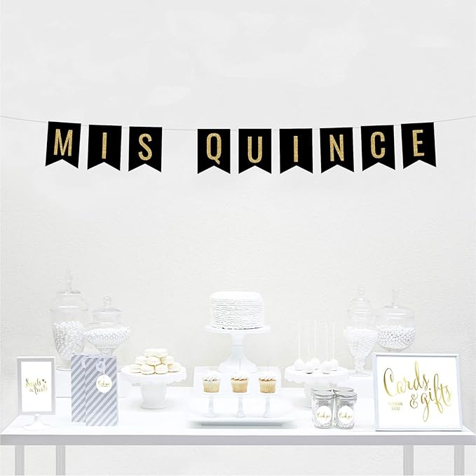 Andaz Press Faux Gold Glitter on Black Birthday Party Banner Decorations, Mis Quince, Approx 5-Feet, 1-Set, Quinceanera 15th Birthday Colored Hanging Pennant Decor