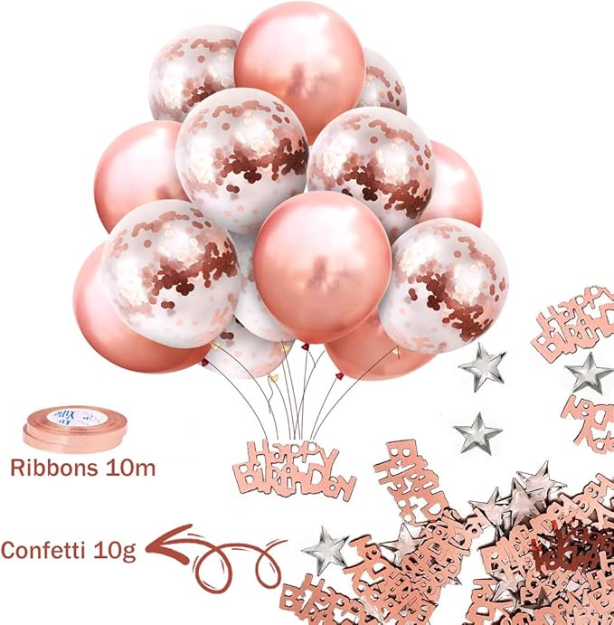 MOVINPE Rose Gold Birthday Party Decoration, Happy Birthday Banner, Rose Gold Fringe Curtain, Foil Tablecloth, Heart Star Foil Confetti Balloons, 10g Table Confetti for Women Girl Birthday Party