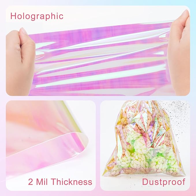 160Pcs Iridescent Cellophane Treat Bags with Ties, 6x9 Inch Holographic Plastic Goodie Baggies for Party Favors, Candy, Cookies Packing, Gift Wrapping