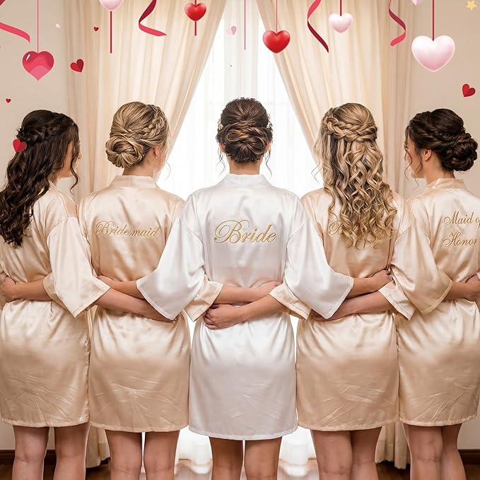 Bonuci 24 Pcs Bridesmaid Bride Robes Set of 8 Bridal Satin Robes Fluffy Slippers Drinking Cups for Wedding Bachelorette Party