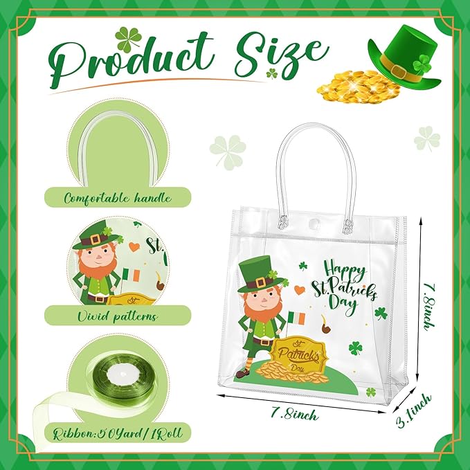 Henoyso 24 Pcs St. Patrick's Day Clear Gift Bags Plastic Shamrock Party Favor Bags with Handles and Ribbon Green Lucky Clover PVC Totes for Irish Candy Goodie Treat Gift Wrap, 7.8 x 7.8 x 3.1 Inches