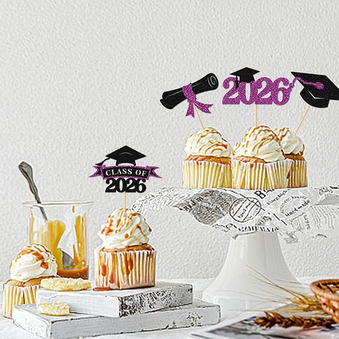 2026 Graduation Cupcake Toppers, 36 pack Purple Glitter Class of 2026 Congrats Grad Diploma Grad Cap Cupcake Picks for 2026 Graduation Party decorating Supplies