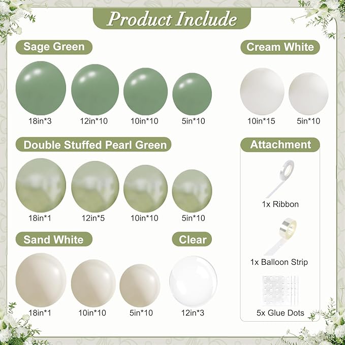 Sage Green Balloon Arch Kit 108Pcs Double Stuffed Pearl Green Sage Green Sand White Clear Balloons for Bridal Shower Baby Shower Birthday Wedding Engagement Party Decorations