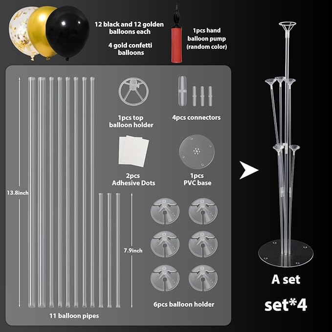 Black and Gold 6 Sets Balloon Stand Kits, Balloon Sticks with Base for Table Centerpieces Decorations for Graduation Birthday Wedding Retirement Anniversary Party (Black&Gold)