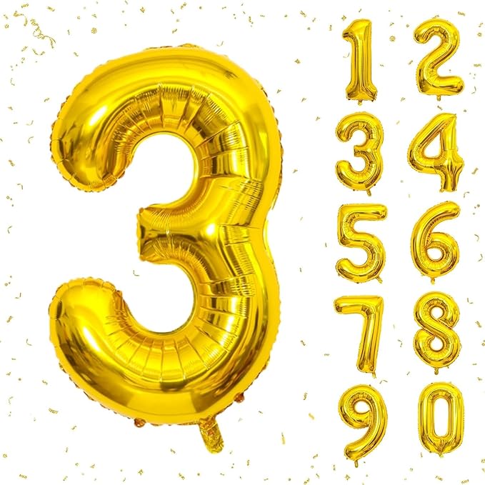 16 In Gold Large Numbers Balloons 0-9, Self Inflating Number 3 Balloons for Boys Girls, Big Gold Digit 3 Balloons for Women Men Birthday Party Anniversary Wedding Supplies Decorations