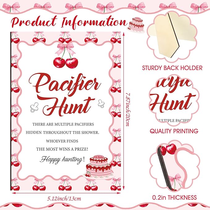 Thyle 51 Pcs She's Our Cherry on Top Theme Baby Shower Games Red Cherry Pacifier Hunt Include Hunt Sign and 50 Acrylic Pacifiers for Baby Shower Game Decoration Gift Sets Gender Reveal Party Decor