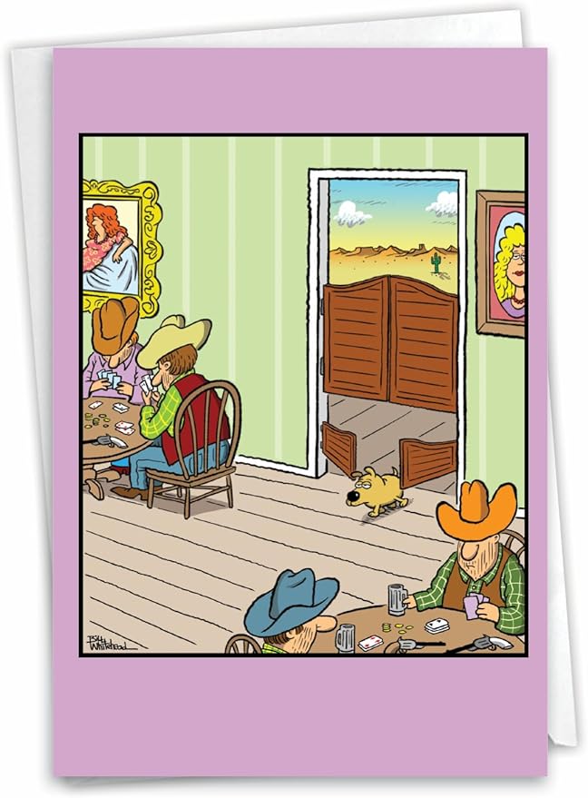 NobleWorks - 1 Happy Birthday Greeting Card Funny - Cartoon Comic Humor, Celebrate Birthdays Notecard - Saloon Dog Door C7368BDG