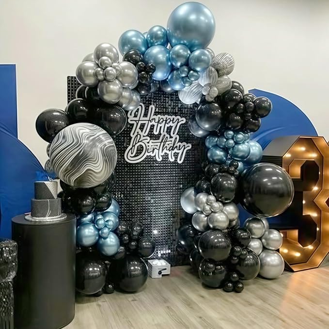 Metallic Blue and Black Balloons Arch Garland Kit, 118PCS Baby Light Blue Metallic Silver Latex Balloon for Birthday Bride Baby Shower Gender Reveal Graduation Wedding Party Decorations Supplies