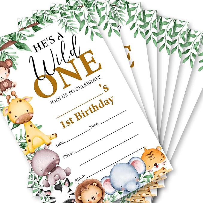 Soiceu Safari Wild One First Birthday Invitations with Envelopes Set of 20 Jungle Animals Boy 1st Birthday Invites Fill in Blank