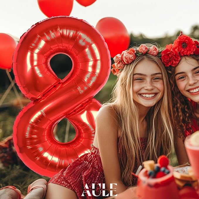AULE 40 Inch Big Red 8 Balloon Number Large Foil Helium Number Balloons 0-9 Jumbo Giant Happy 8th Birthday Party Decorations for Boy or Girl Huge Mylar Anniversary Party Supplies