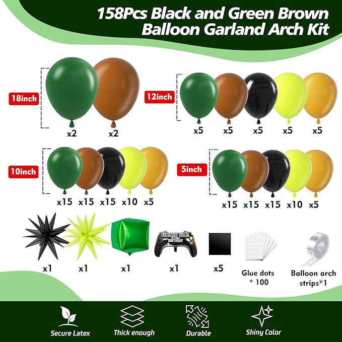 158Pcs Pixel Balloon Garland Arch Kit - Video Game Party Decorations with 18 12 10 5 Different Sizes Green Brown Black Latex Balloons for Pixel Birthday Baby Shower Boy Gaming Theme Decorations