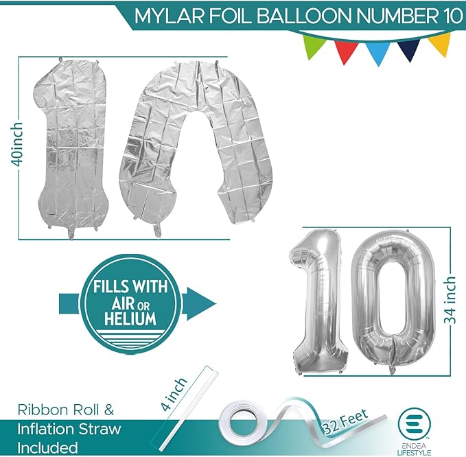 40 Inch Large Number Celebration and Decoration Balloon for Birthday Parties, Graduations, Anniversaries, Weddings, Photo Shoots, Special Events - Helium Foil Mylar (Silver Number 10)