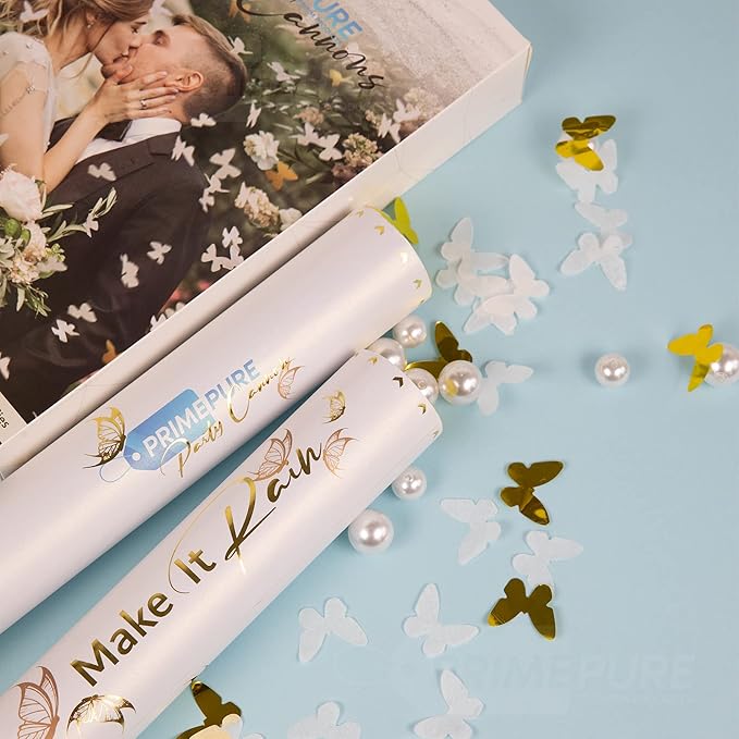 PrimePure Confetti Cannon Party Poppers - Butterfly White Confetti Poppers - 2 Pack - White Paper & Gold Butterfly Pop Gun for Wedding Send Off, Bridal Shower, Birthday, Parties