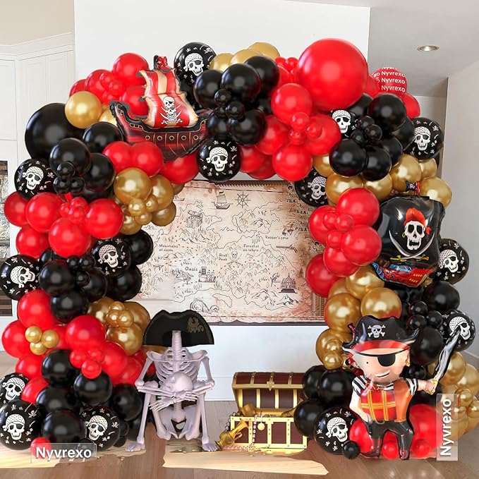 Pirate Birthday Party Decorations, 142Pcs Red Black Metallic Gold Balloon Garland Arch Kit with Pirate Ship Foil Mylar Balloon for Halloween Pirate Summer Sea Sailing Adventure Ocean Theme Party