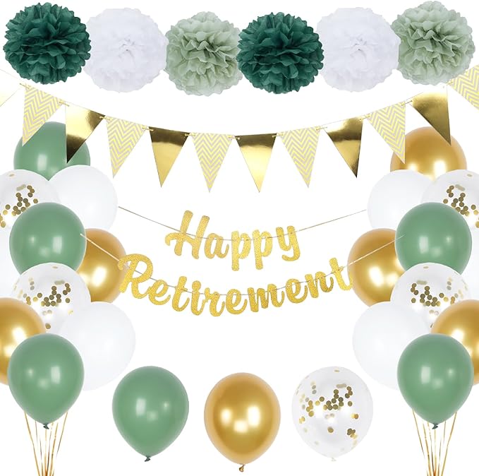 Retirement Party Decorations, Gold Happy-Retirement Banner, Paper Pom Poms, Gold Foil Paper Pennant Banner, Balloons for Retirements Decor, Retired Parties Supplies