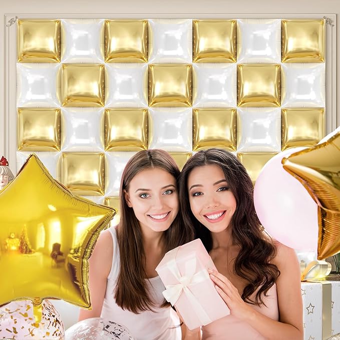 50PCS White and Gold Square Foil Balloon Wall, 19'' Reusable DIY Mylar Double Side Balloons Garland Tunnel Arch Kit for Anniversary Baby Shower Bachelorette Birthday Engagement Bridal Decor