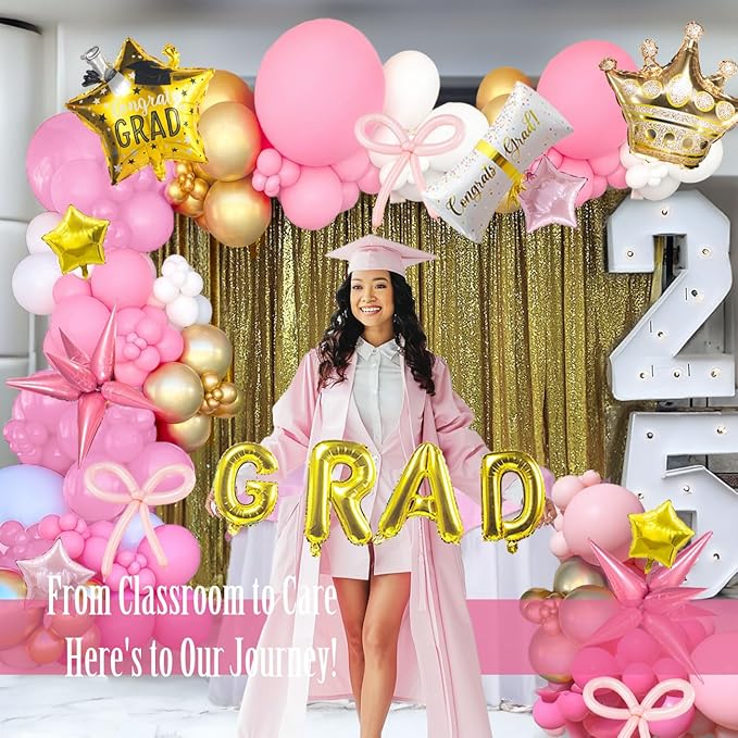 Pink White and Gold Balloon Garland Arch Kit 140Pcs with Pink and gold Stars Graduation Certificate Crown DIY bow for 2025 GRAD Prom coquette Decorations