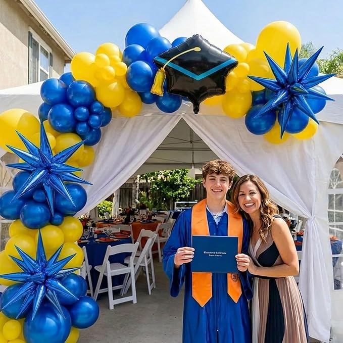 kozee royal blue and yellow balloon garland arch kit 150+pcs with graduation cap Blue star mylar balloons for Men birthday 2026 Graduation Ceremony Prom decorations
