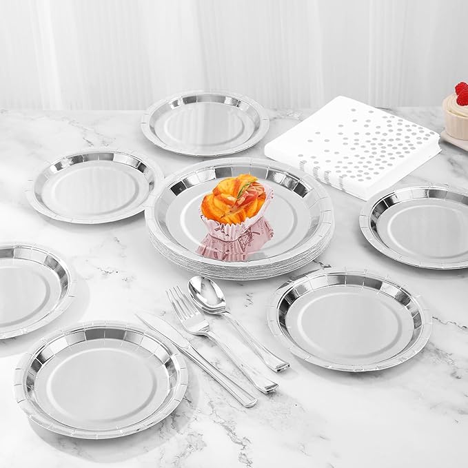 Silver Plates Party Supplies Disposable Dinnerware Set,168pcs Silver Paper Plates and Napkins for Graduation Holiday Disco Birthday Party Decorations Serves 24
