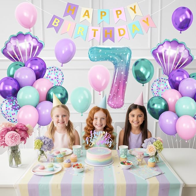 7th Mermaid Birthday Decoration,Metallic Purple Pink Green Blue Latex Balloons for Girls Party Decoration Number 7 Seashell Foil Balloons Banner Cake Topper Mermaid Sea Decorations
