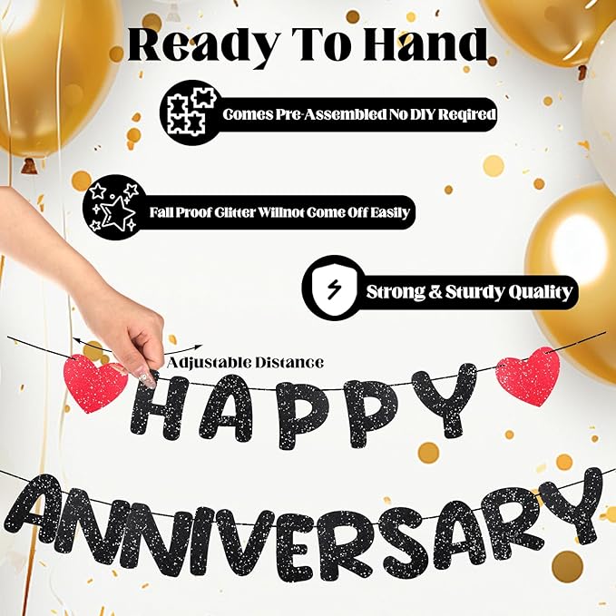 Happy Anniversary Decoration Glitter Anniversary Party Decorations Romantic Decorations Wedding Party Banner No DIY Pre-strung Happy Anniversaries Banner for Decoration Supplies Birthday Door(Black)