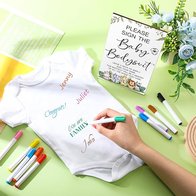 Qunclay 12 Pcs Baby Shower Game Decor with White Unisex Bodysuit Wooden Sign Tabletop Decor and Marker for Guests(Safari)