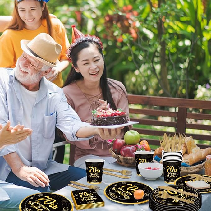 144PCS 70th Birthday Plates and Napkins Birthday Party Supplies 70th Birthday Party Decorations for Men Women Disposable Party Tableware Including Paper Plates Napkins Cups Forks Serve 24