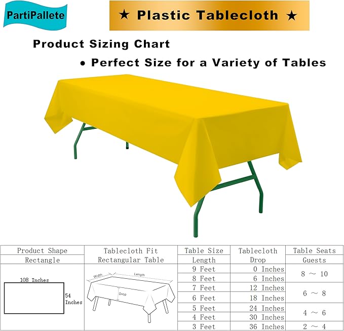 3-Pack Premium Plastic Yellow Tablecloth Disposable 54" x 108" Rectangle Table Cover Party PEVA Table Cloths for Parties Birthday Wedding Graduation Banquet Fits up to 8 ft Long Tables