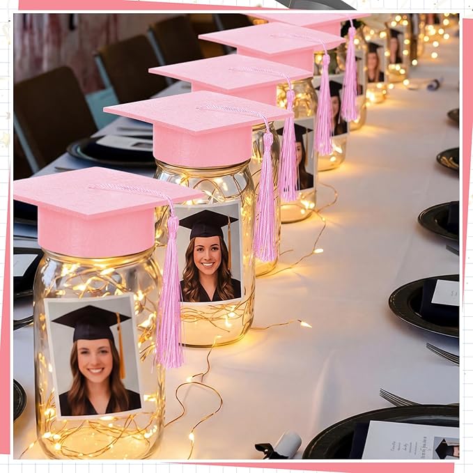 Boao 16 Sets Graduation Table Decoration Set with LED Light up Graduation Decorations for Class of 2026, Grad Jar, Felt Grad Hat and Stickers for High School College(Pink,Vivid)