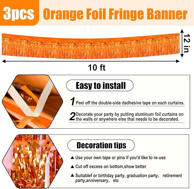 3 Pack 10 Long Orange Metallic Foil Fringe Garland Wall Hanging Tassle Banner, Mother's Day, Easter, Parade Floats, Birthday, Theme Party, Wedding Party Decorations