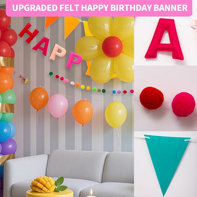 Pre-Strung Felt Happy Birthday Banner with Balloons Kits, Colorful Rainbow Decorations Reusable 3D Happy Birthday Sign for Girls Kids Women, Wrinkle-Free Banner Party Deco for Wall Party Supplies
