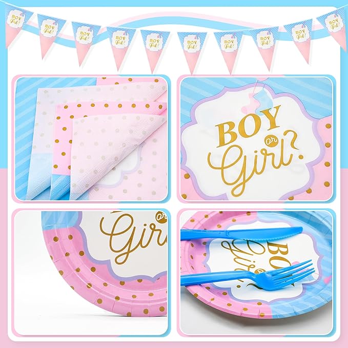 Gender Reveal Party Tableware Set - 114 Pcs Boy or Girl Paper Plates Cups Napkins Straws Tableware Set Tablecloth Banner Tableware Supplies Baby Shower Decorations