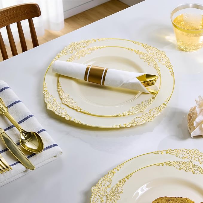 175PCS Ivory Plastic Plates for 25 Guests Disposable Dinnerware Sets Include 50 Plastic Plates, 25 Silverwares, 25 Cups, and 25 Pre Rolled Napkins for Party, Wedding and Graduation