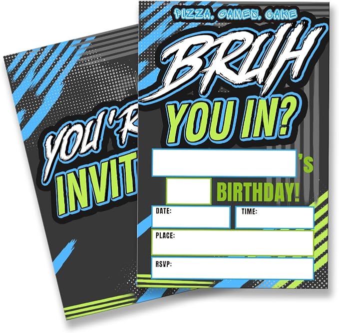 Bruh Birthday Invitation Supplies with Envelopes Set of 20 Birthday Invitations for Boys Teens Fill in Blank, Double Sided