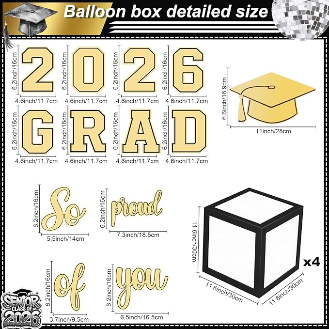 Black and Gold Graduation Decorations Balloons Boxes Arch with Letters 2026 GRAD So Proud of You Gold and Black Congratulations Grad Party Decoration 2026 Gold Confetti Balloon Star Foil Balloons