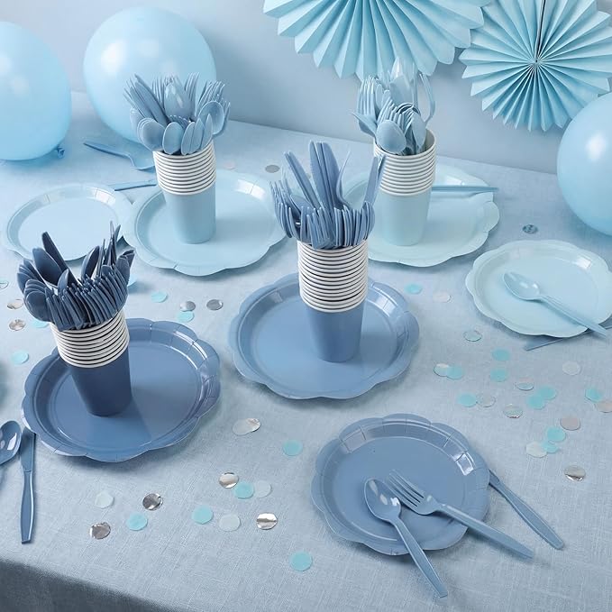 Qinyoung 388 Pcs Dusty Blue Plates and Napkins Party Supplies Tableware Include Disposable Scalloped Plate Paper Napkin Cup Plastic Cutlery for Baby Shower Party Wedding Birthday, 48 Sets