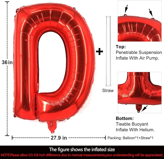 Lovoir 40 Inch Large Red Letter D Balloons Big Size Jumbo Mylar Foil Helium Balloon for Birthday Party Celebration Decorations Alphabet Red D