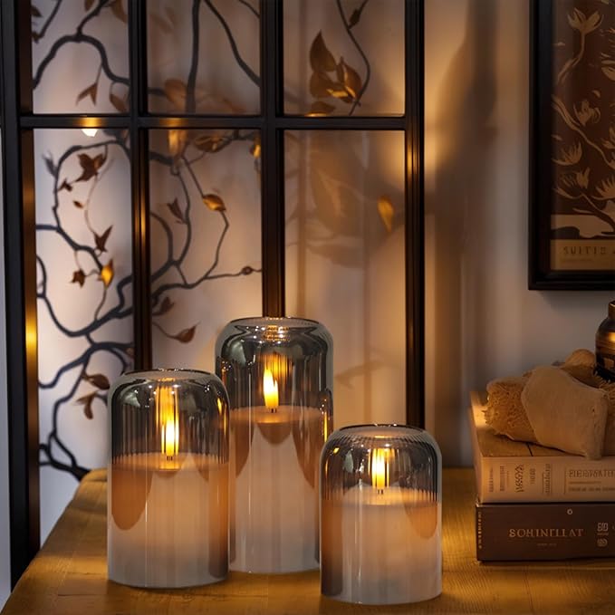 Black Glass Flameless Candles with Remote, Battery Operated Ribbed LED Pillar Candles Flickering Real Wax Candle, 3D Wick with Pumpkin Shape Set of 3 (Φ 3" H 4" 5" 6")